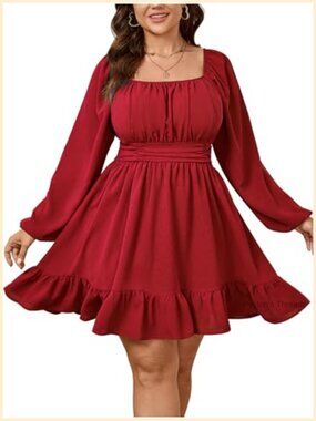 Plus Size Mini Dress Long Lantern Sleeve Square Neck Smocked A-Line Ruffle Hem
